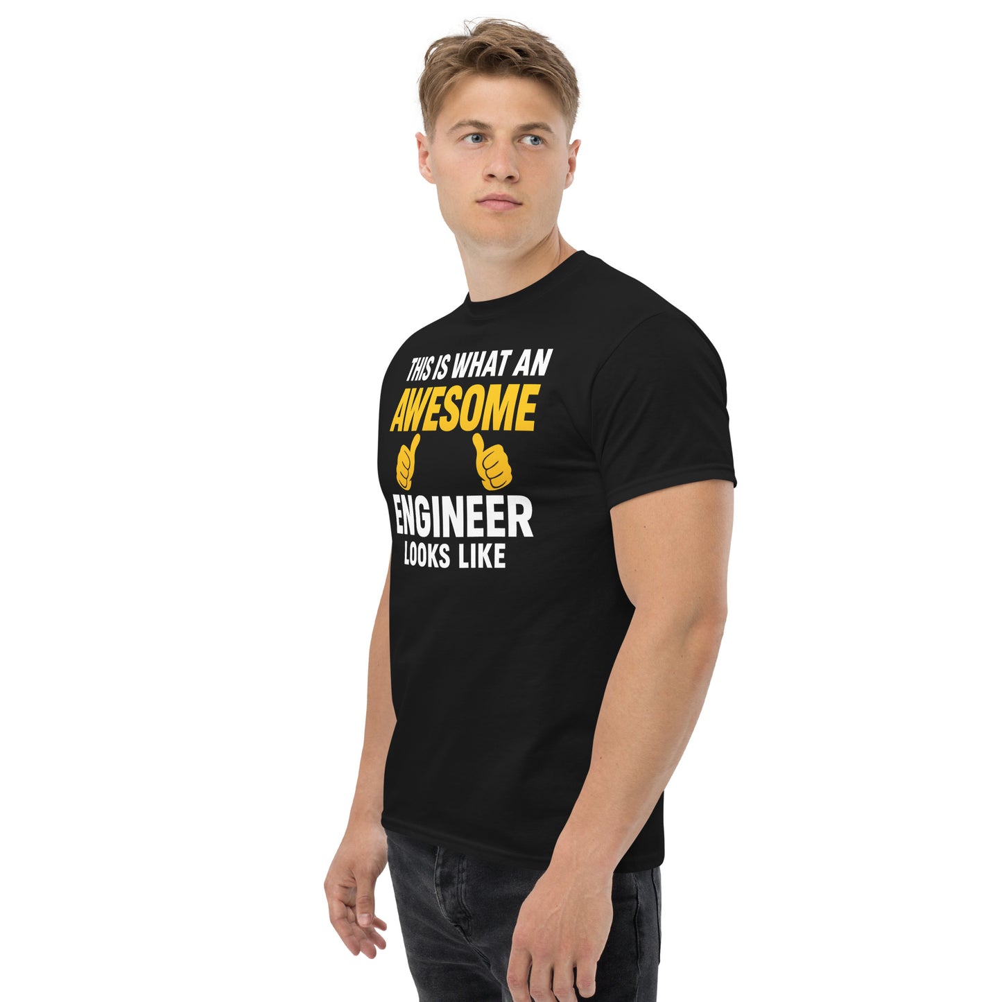 Black t-shirt with bold text design that reads “This is what an AWESOME Engineer looks like” in white and yellow lettering, with two thumbs-up graphics.