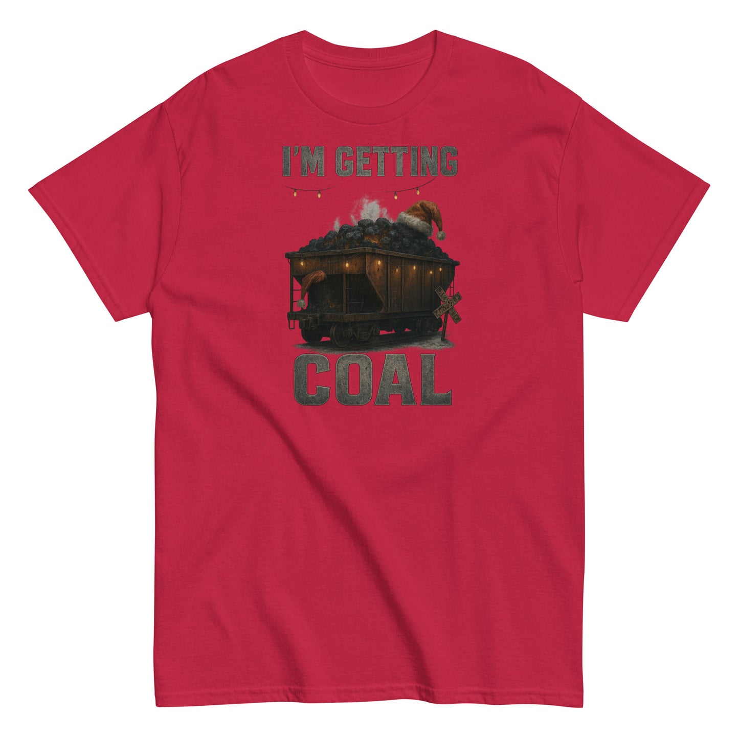 Red t-shirt with a graphic of a coal car and text 'I'm Getting Coal' on a white background