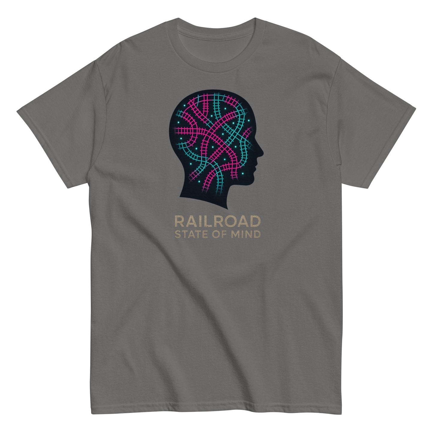 Gray t-shirt with a colorful brain design and 'Railroad State of Mind' text on a white background