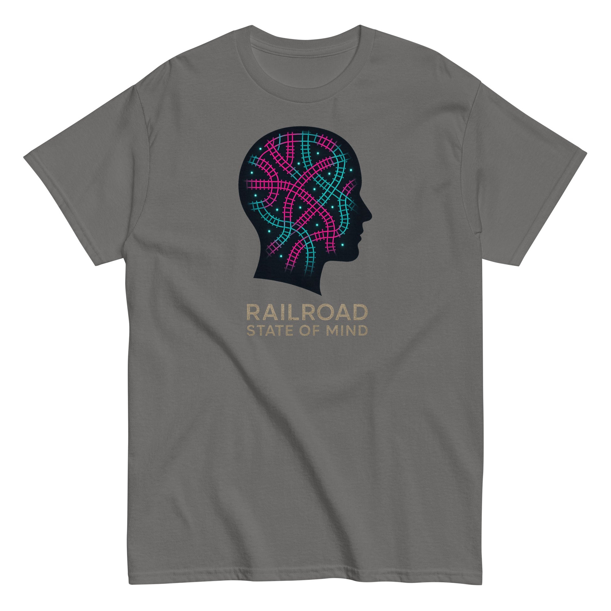 Gray t-shirt with a colorful brain design and 'Railroad State of Mind' text on a white background