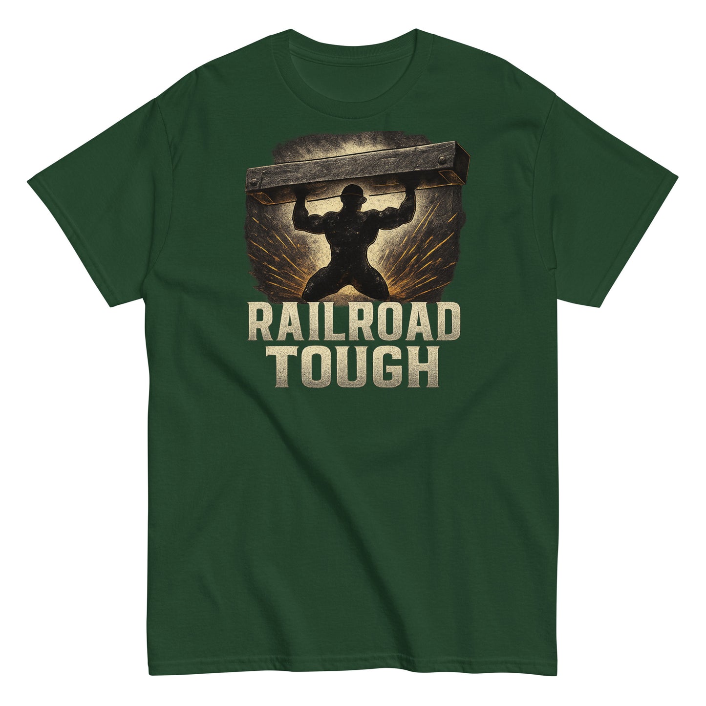 Green t-shirt with 'Railroad Tough' graphic design on a white background