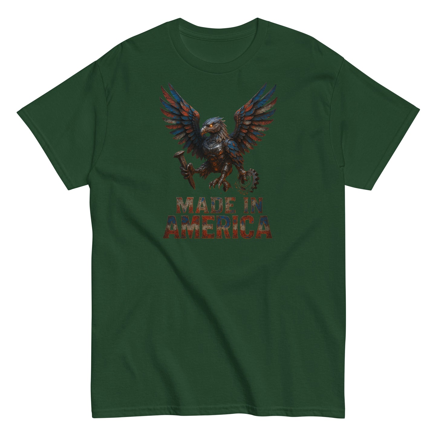 Green t-shirt with an eagle graphic and 'Made in America' text on a white background