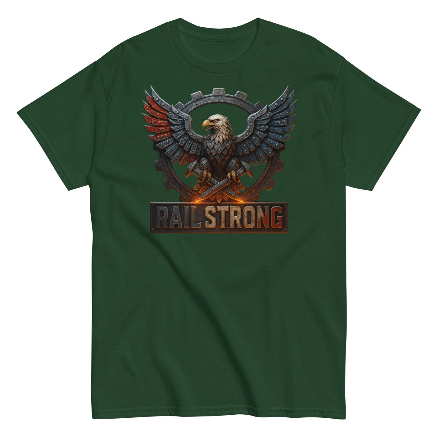 Green t-shirt with 'Rail Strong' graphic featuring an eagle and crossed swords on a white background