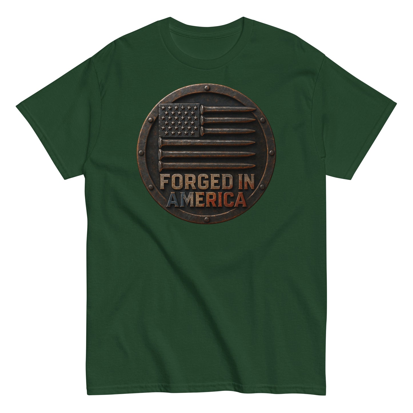 Green t-shirt with 'Forged in America' design featuring an American flag on a white background