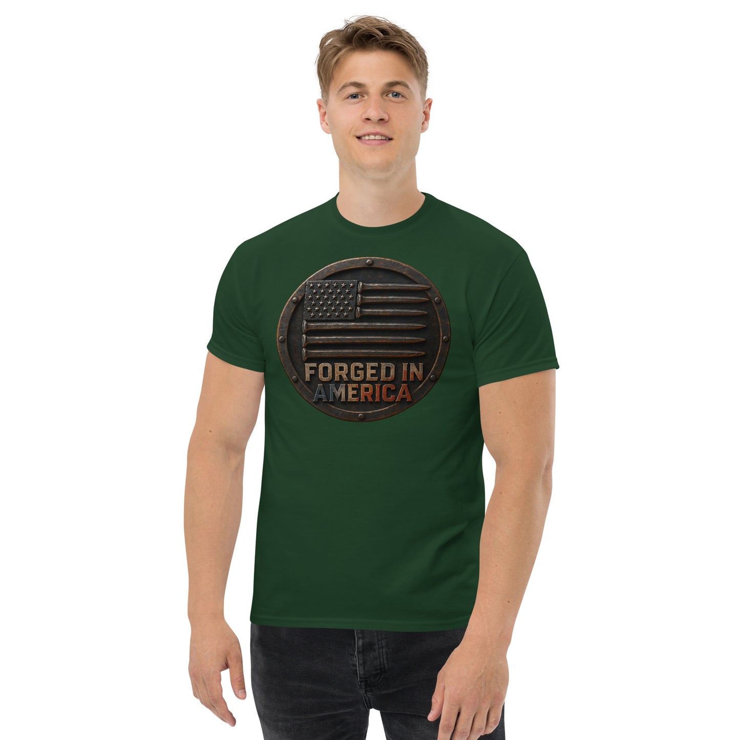 Man wearing a green t-shirt with 'Forged in America' design on a white background