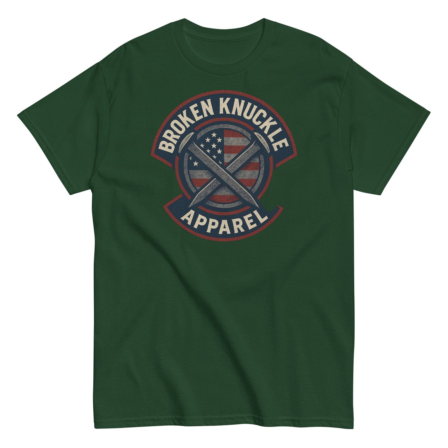 Green t-shirt with 'Broken Knuckle Apparel' logo on a white background