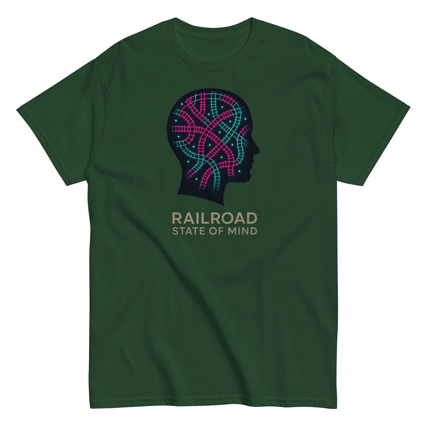 Green t-shirt with a graphic design and text 'Railroad State of Mind' on a white background