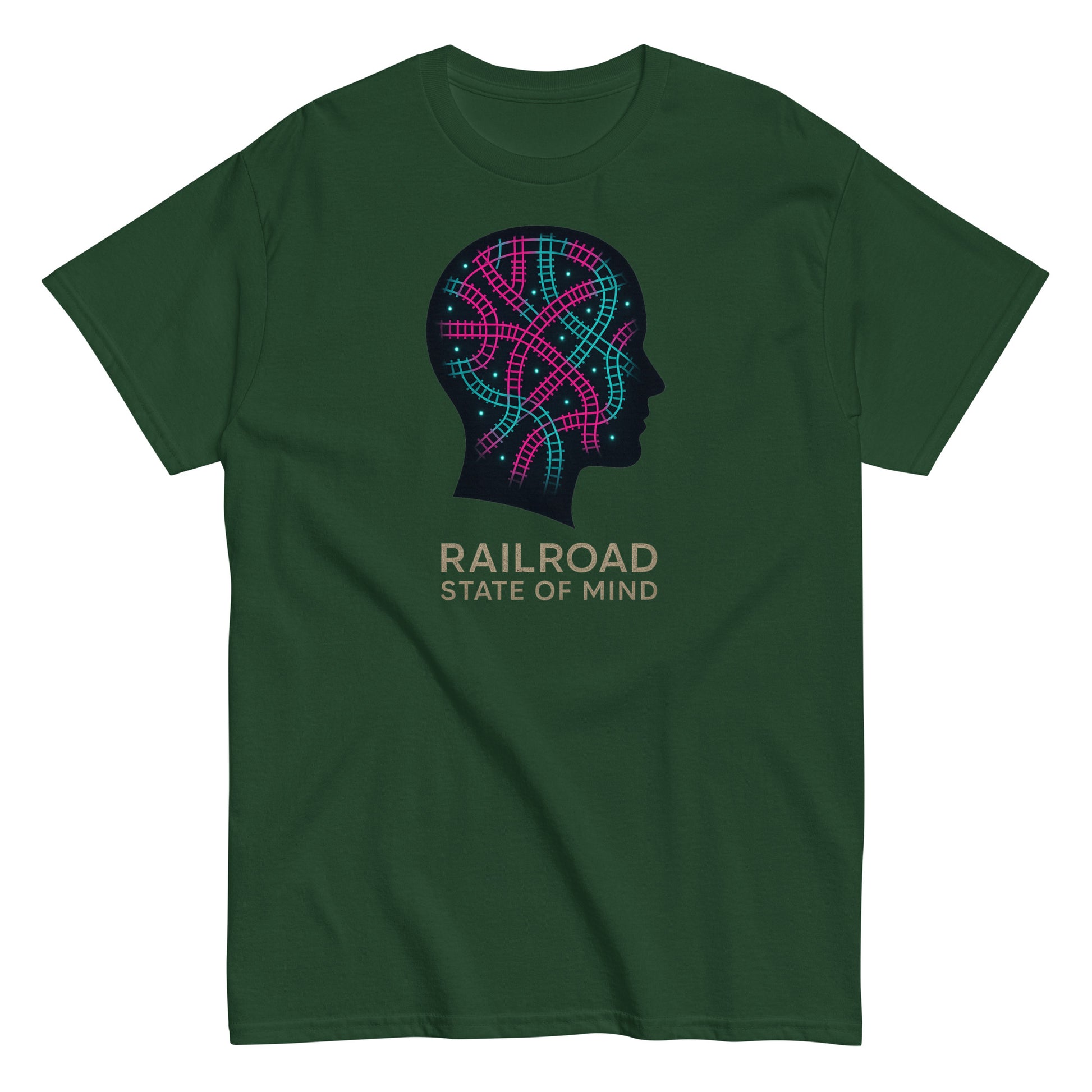 Green t-shirt with a graphic design and text 'Railroad State of Mind' on a white background