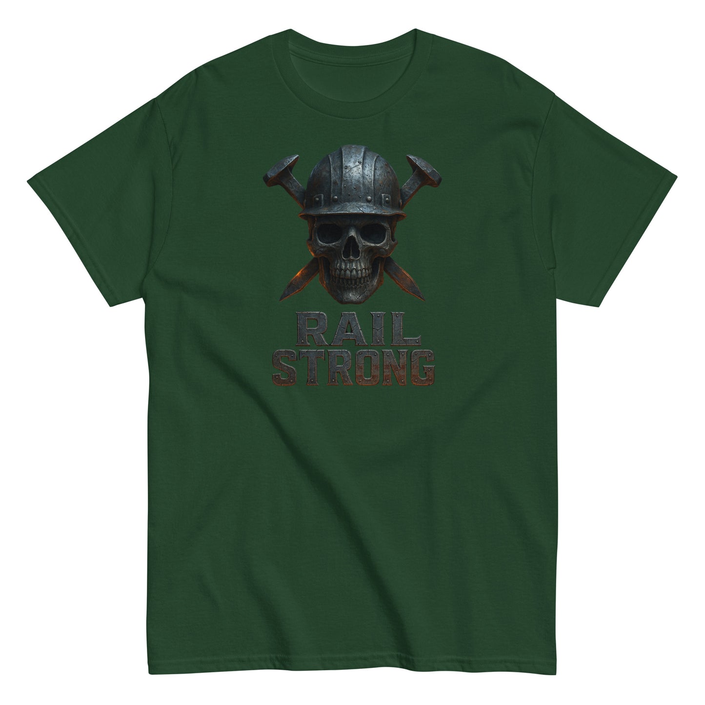 Green t-shirt with a skull and crossed axes graphic and 'Rail Strong' text on a white background