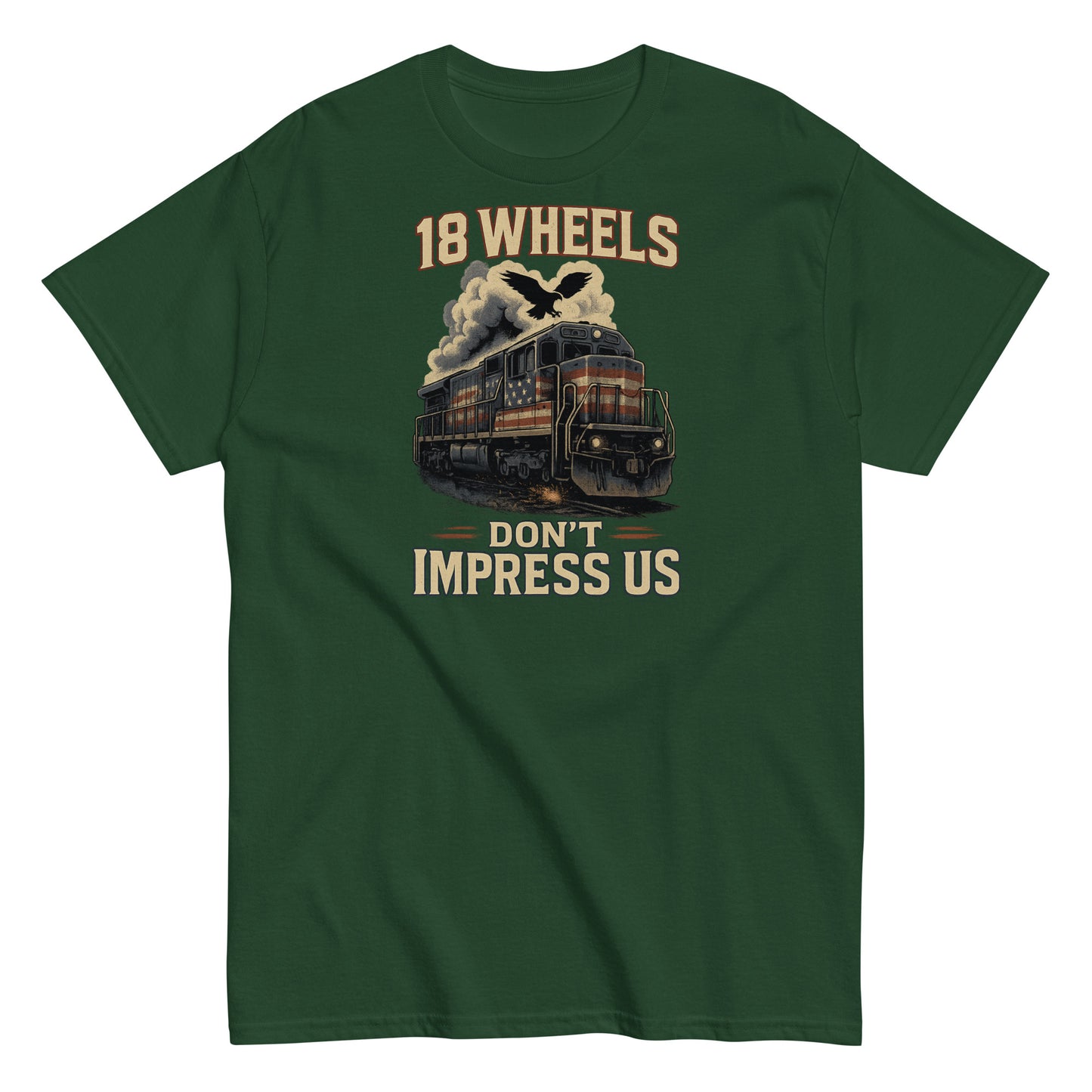 Green t-shirt with a train graphic and text on a white background