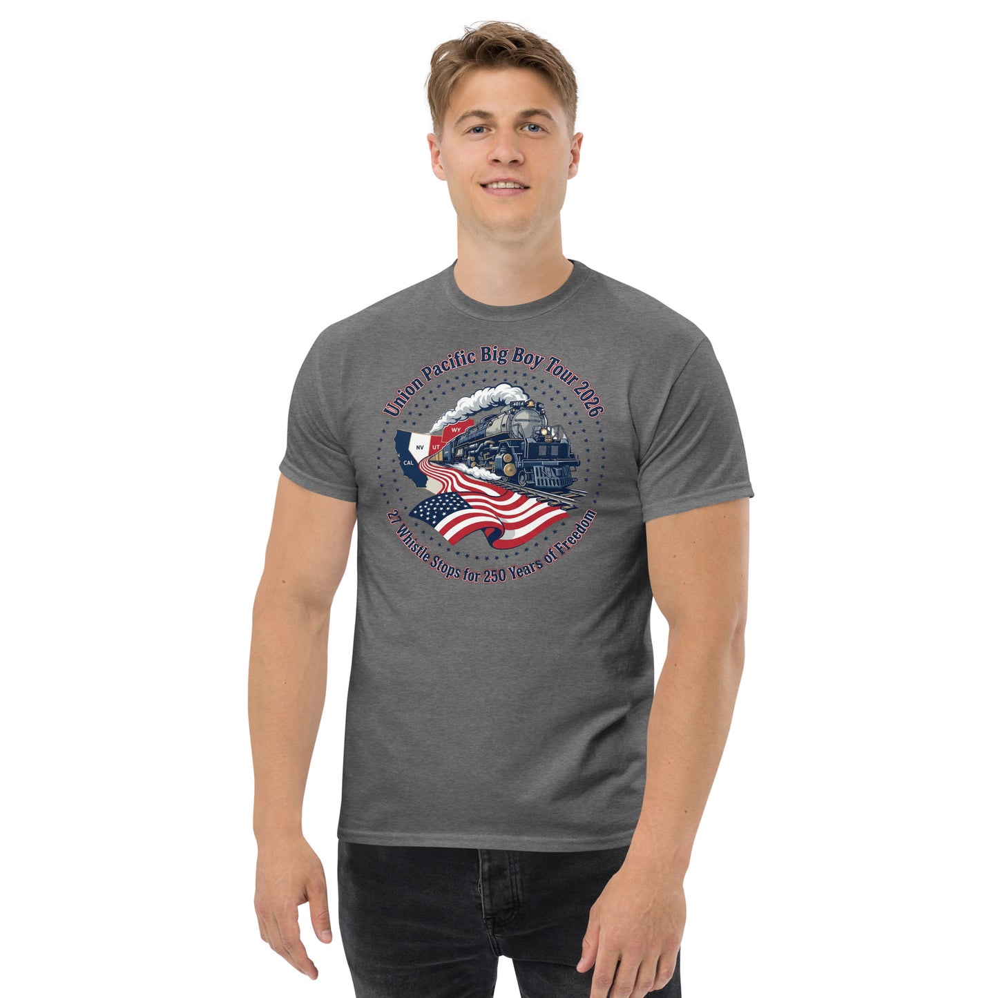 Man wearing a gray t-shirt with a graphic design on a white background