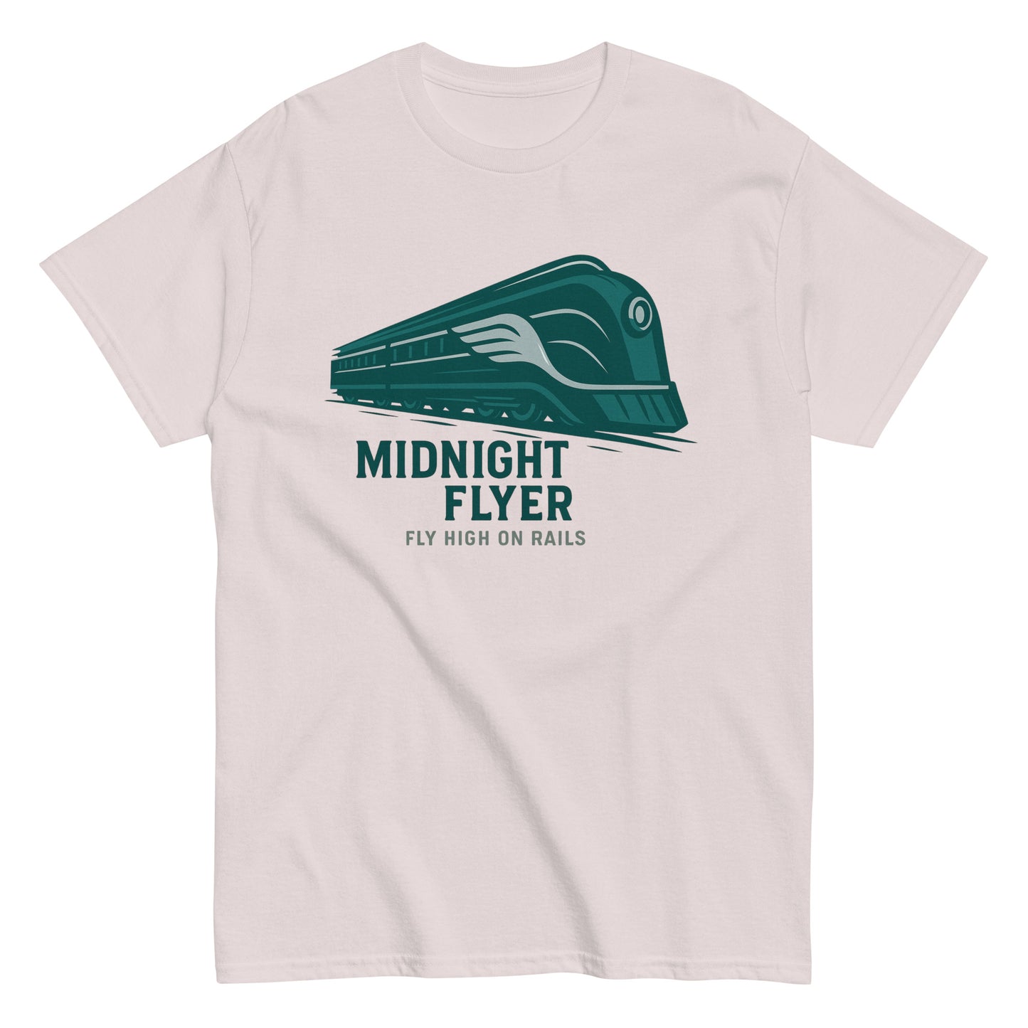 T-shirt with a green train graphic and 'Midnight Flyer' text on a white background