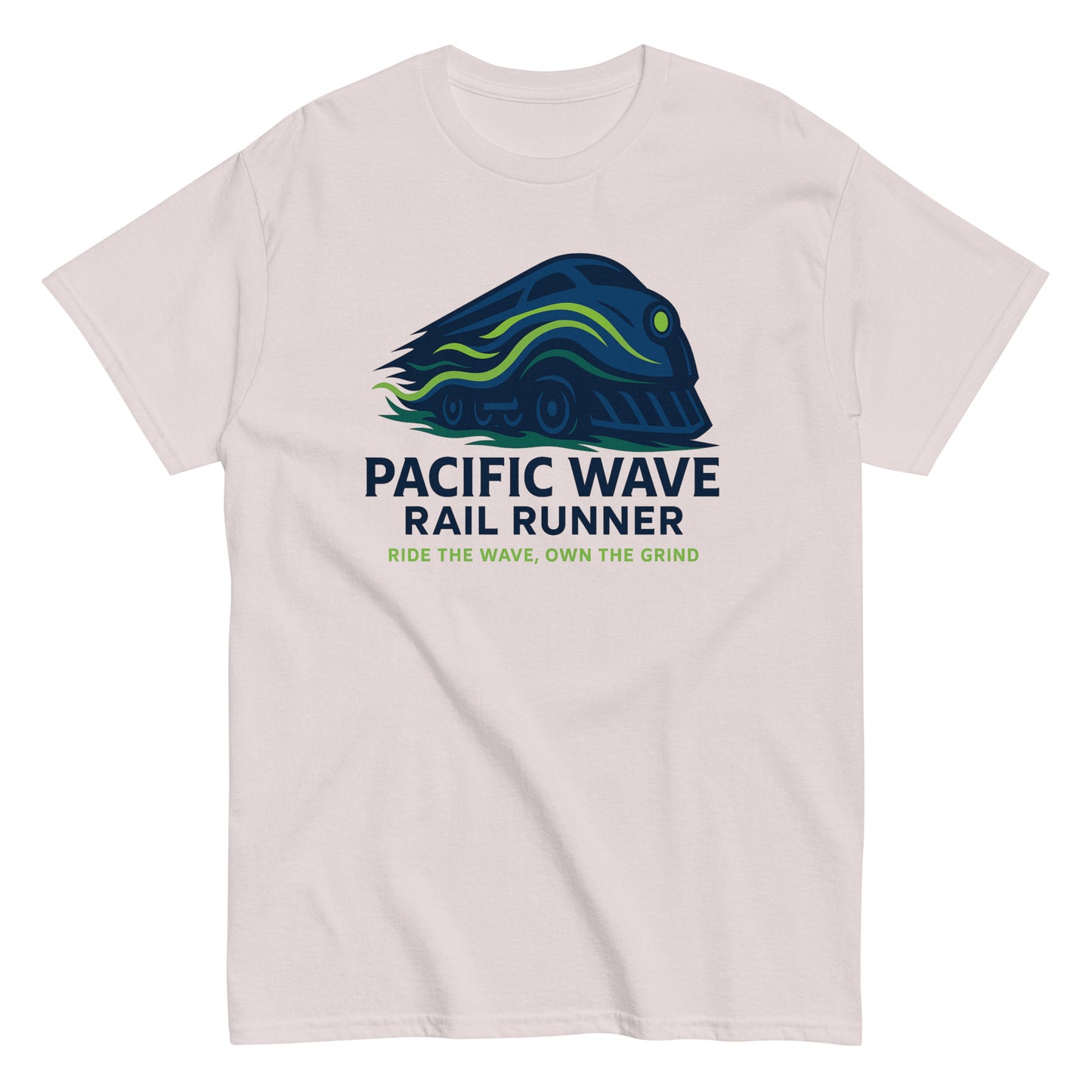 T-shirt with Pacific Wave Rail Runner design on a beige background