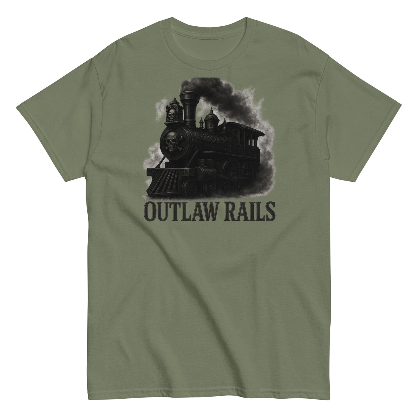 Green t-shirt with a black steam locomotive graphic and 'Outlaw Rails' text on a white background
