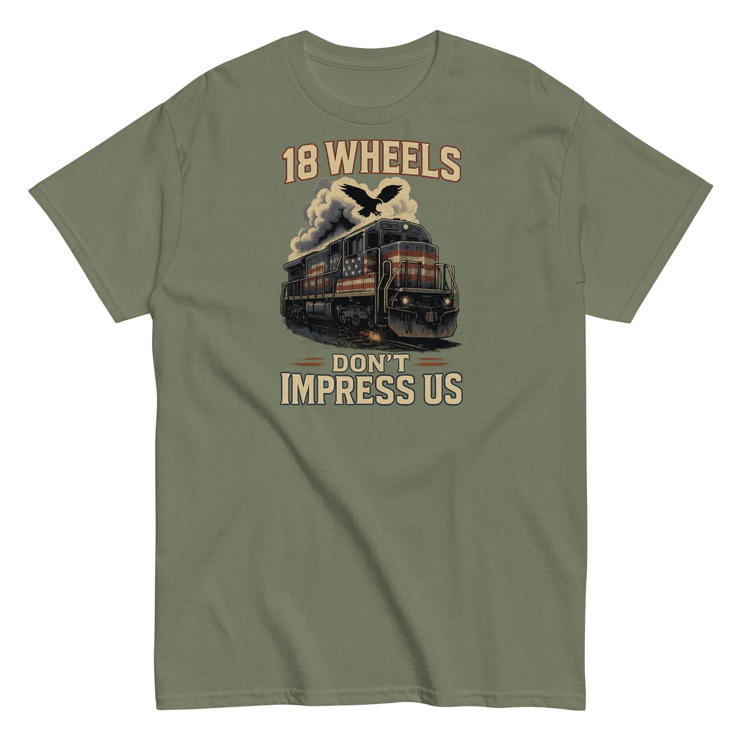 Green t-shirt with a train graphic and text on a white background