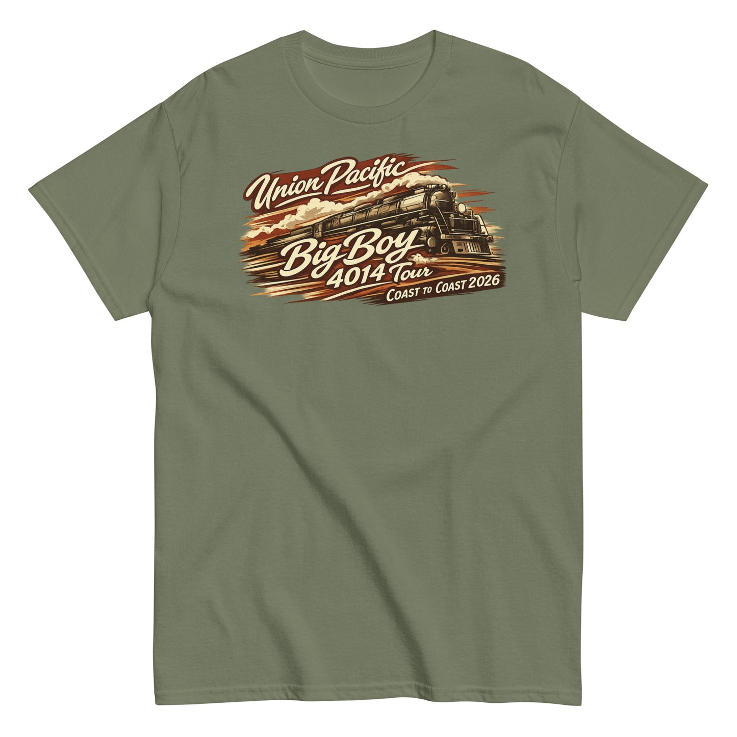 Green t-shirt with Union Pacific Big Boy locomotive graphic on a white background