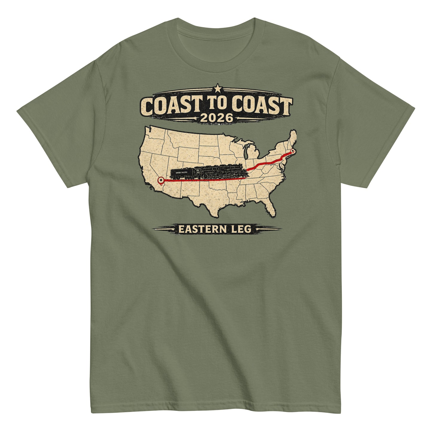 Green t-shirt with a map of the United States and text 'Coast to Coast 2026' on a white background