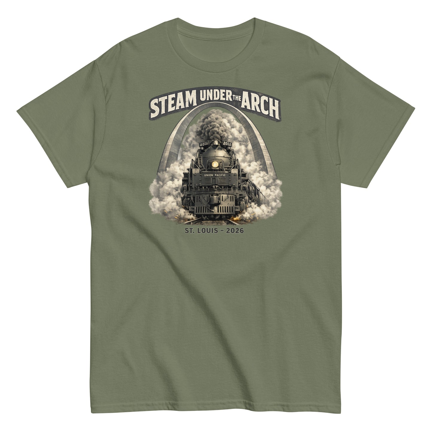 Military green featuring the Big Boy 4014 steam locomotive under the St. Louis Gateway Arch, with text reading "Steam Under The Arch" and "St. Louis - 2026".