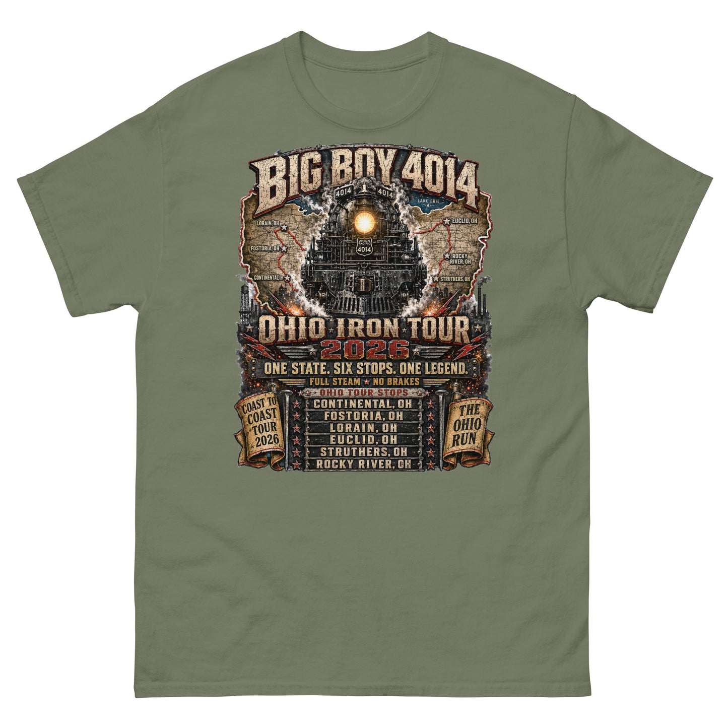 Army green t-shirt featuring a highly detailed graphic of the Big Boy 4014 steam locomotive backed by a map of Ohio. Text reads "BIG BOY 4014", "OHIO IRON TOUR 2026", "ONE STATE. SIX STOPS. ONE LEGEND.", alongside banners for "COAST TO COAST TOUR 2026" and "THE OHIO RUN", plus a detailed roster of six Ohio tour stops.