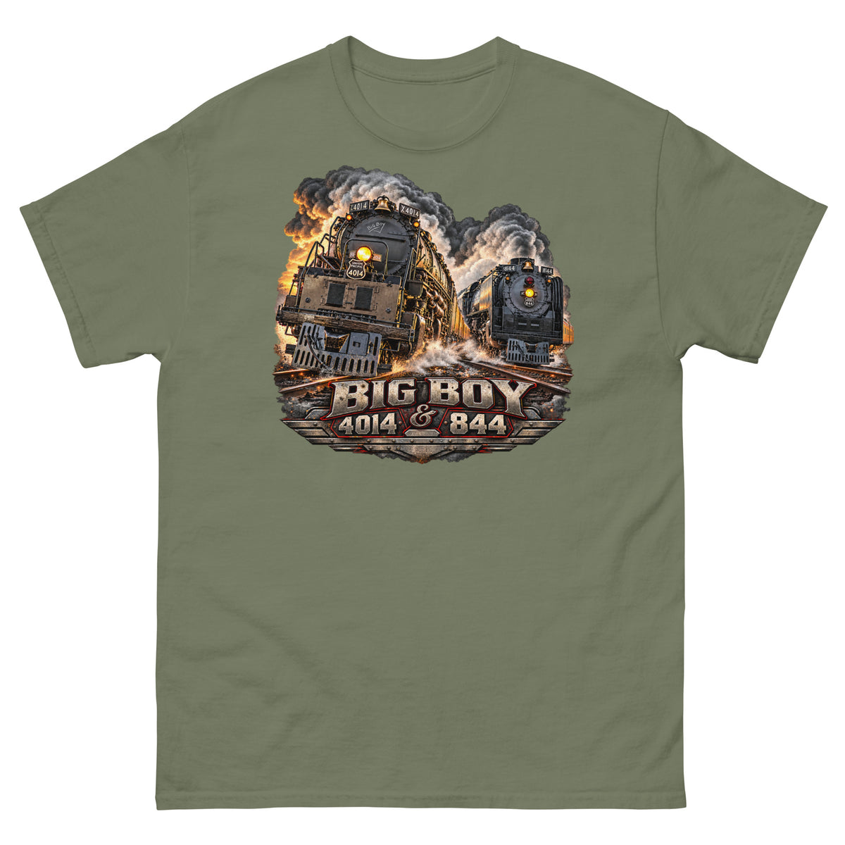 Army green classic t-shirt featuring a highly detailed graphic of the Big Boy 4014 and 844 steam locomotives charging down the tracks side-by-side surrounded by smoke and steam. Bold, metallic-style text at the bottom reads "BIG BOY 4014 & 844" on a distressed vintage badge.