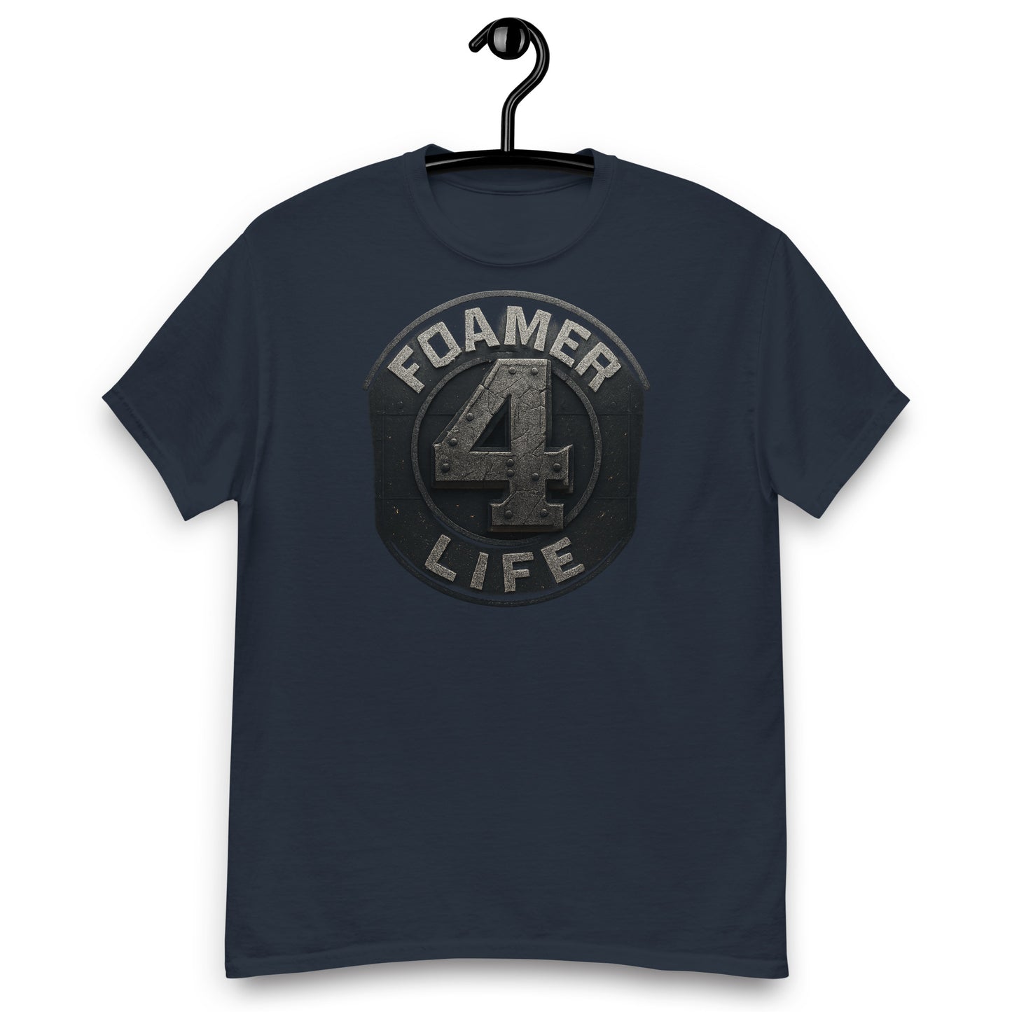 navy Foamer 4 Life T-shirt with bold metallic-style logo, designed for railfans, trainspotters, and railroad enthusiasts.