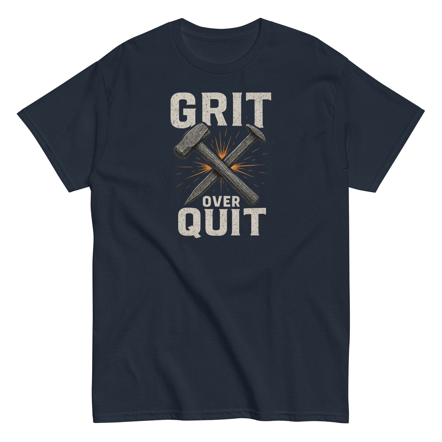 Navy blue t-shirt with 'Grit Over Quit' graphic design on a white background