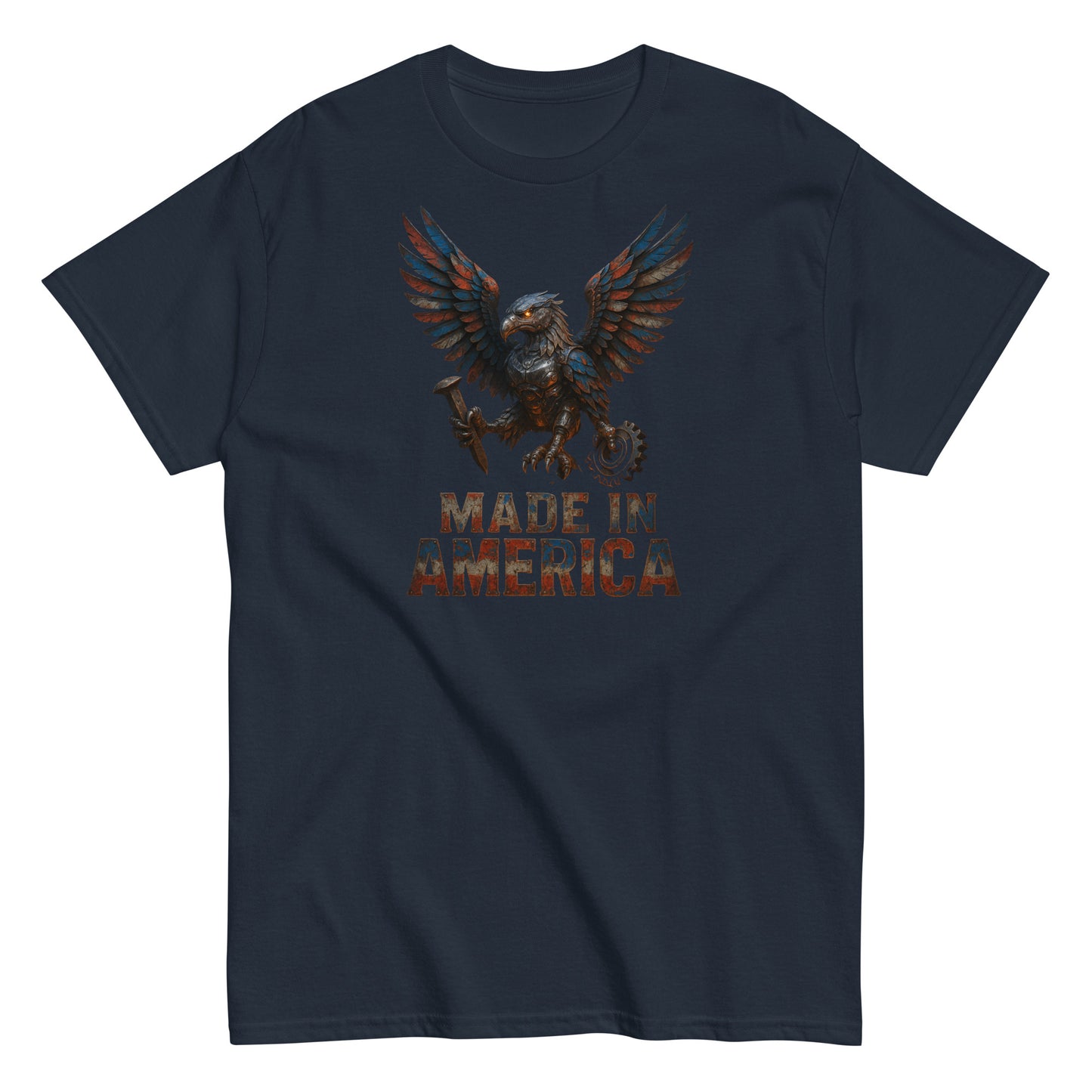 Navy blue t-shirt with an eagle graphic and 'Made in America' text on a white background