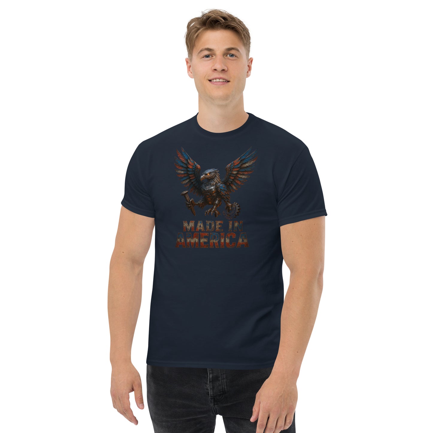 Man wearing a navy blue t-shirt with an eagle graphic and text on a white background