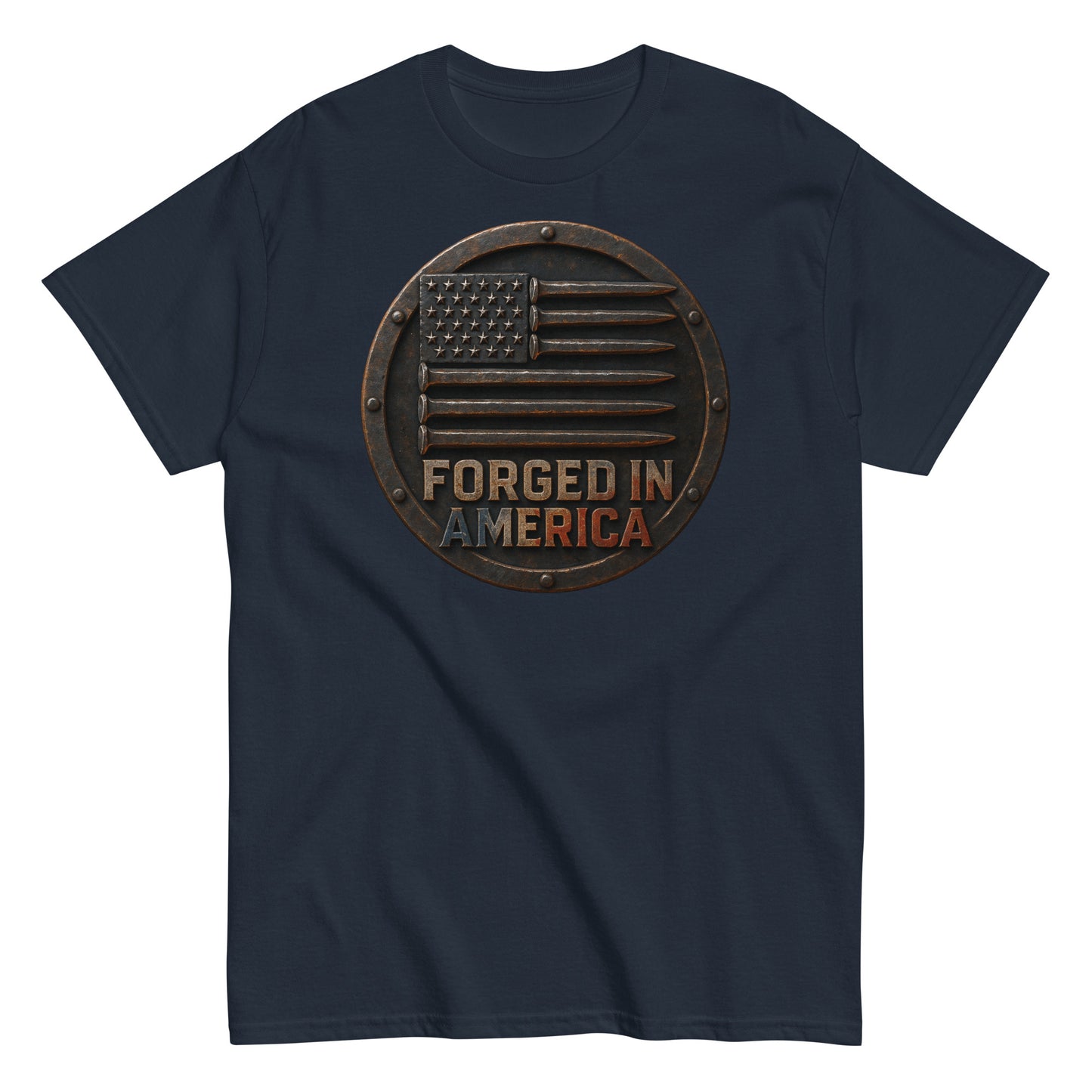 Navy blue t-shirt with 'Forged in America' graphic on a white background