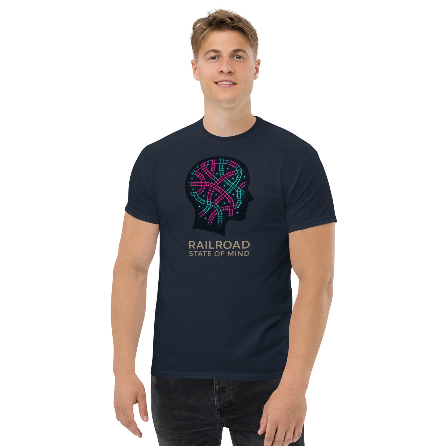 Man wearing a navy blue t-shirt with colorful graphic and text on a white background