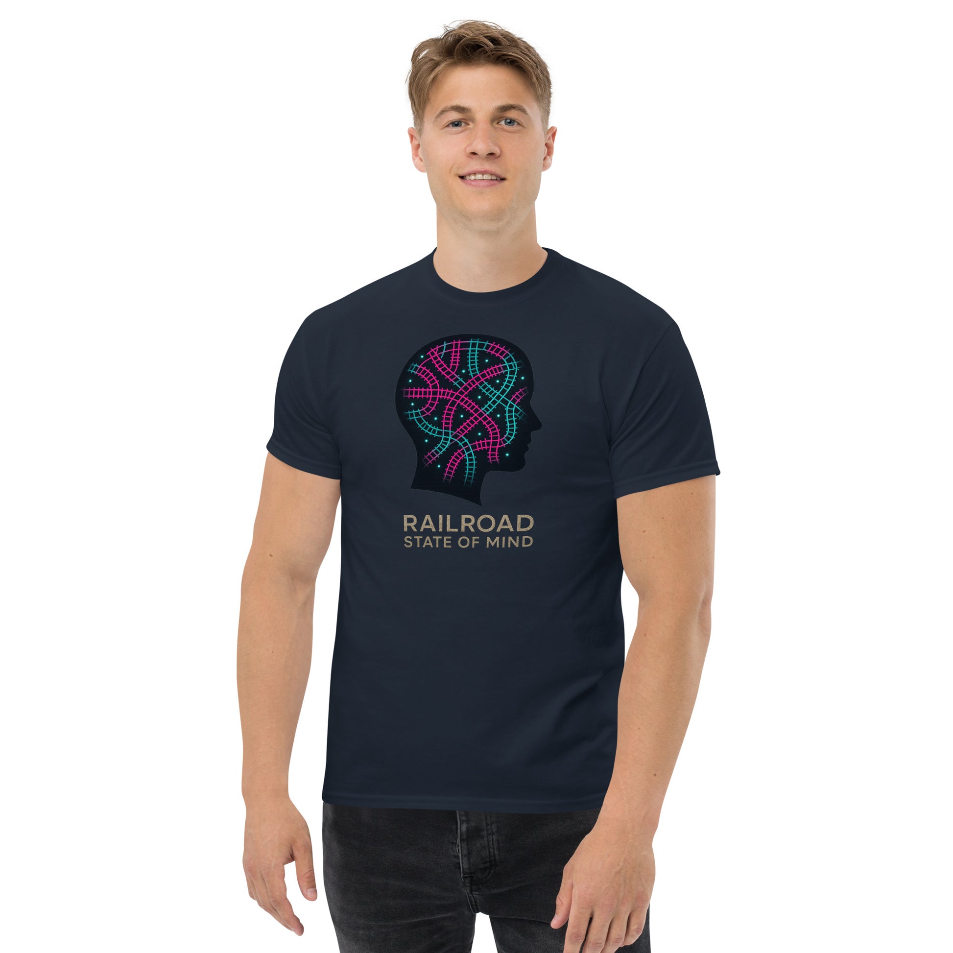 Man wearing a navy blue t-shirt with colorful graphic and text on a white background