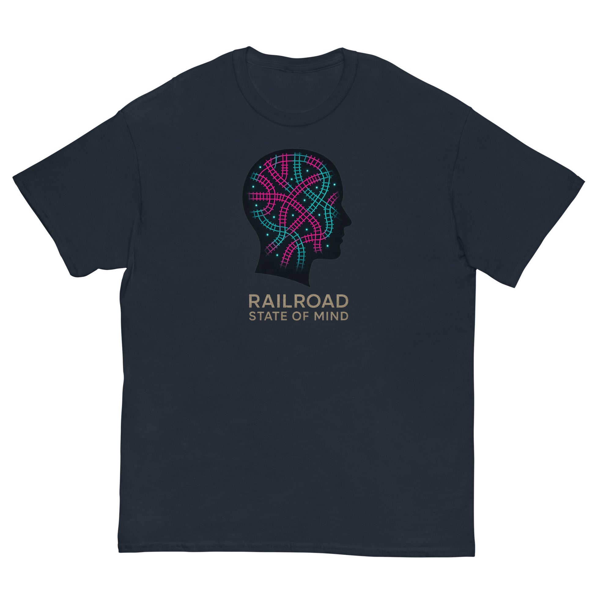 Navy blue t-shirt with a colorful graphic and text 'Railroad State of Mind' on a white background