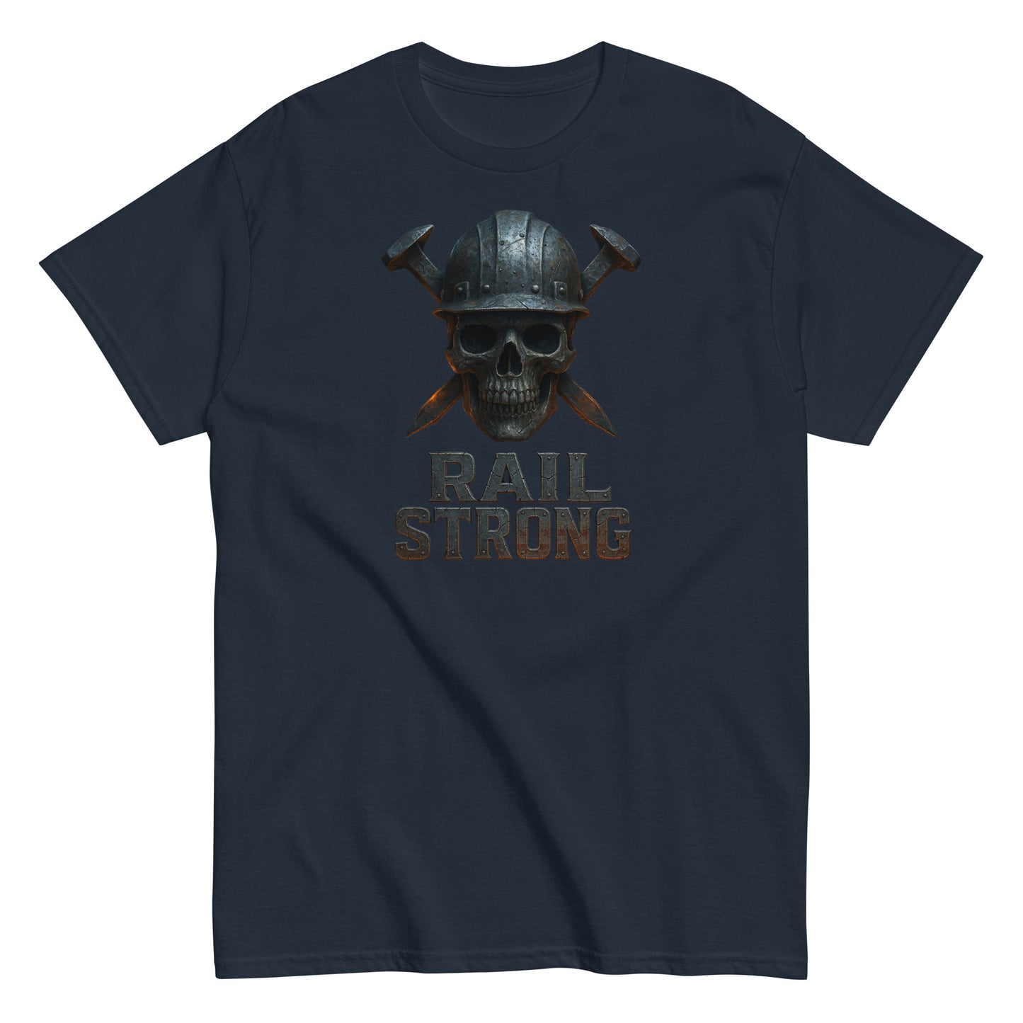 Navy blue t-shirt with a skull wearing a helmet and crossed swords graphic and 'RAIL STRONG' text.