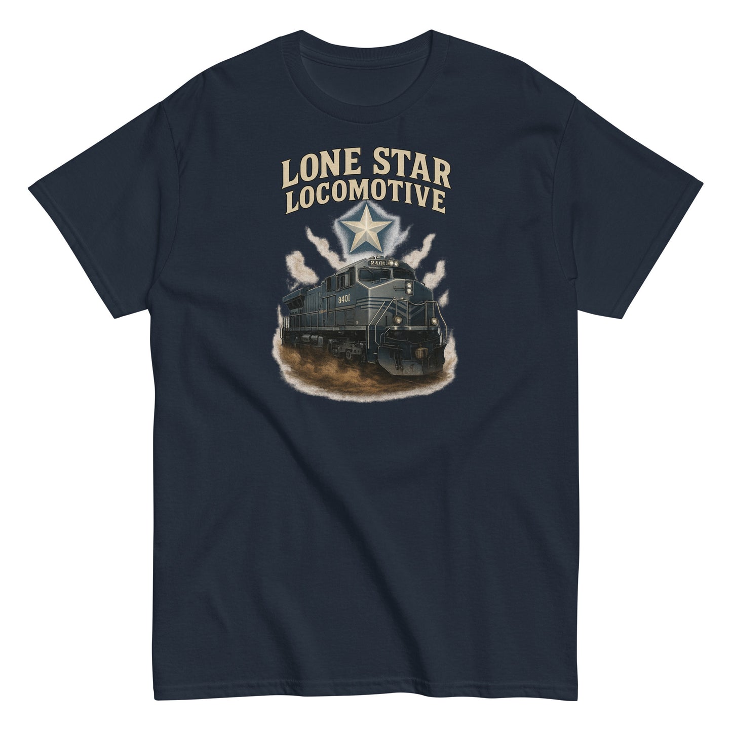 Navy blue t-shirt with 'Lone Star Locomotive' graphic design featuring a train and star on a white background.