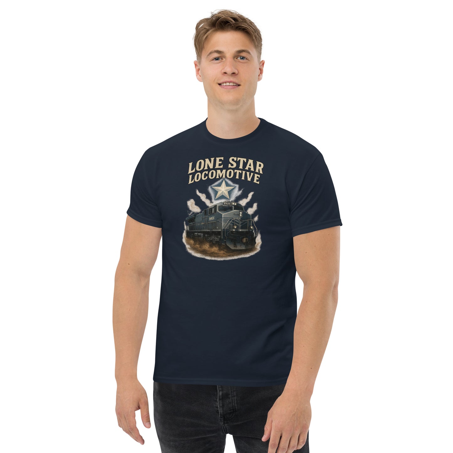 Man wearing a navy blue t-shirt with 'Lone Star Locomotive' graphic design on a white background