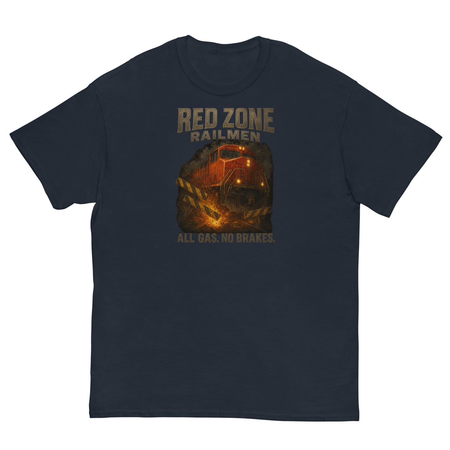 Navy blue t-shirt with a graphic of a train and text 'Red Zone Railmen All Gas No Brakes' on a white background