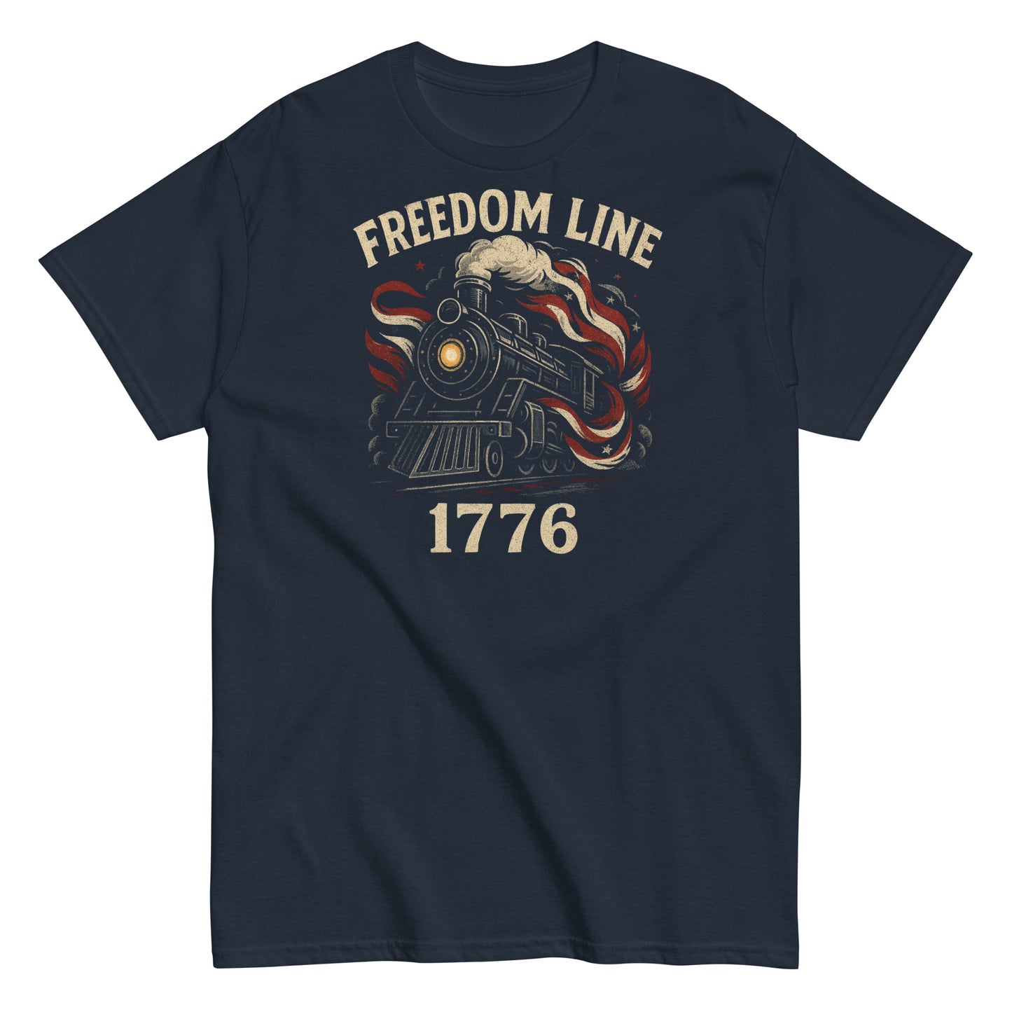 Navy blue t-shirt with 'Freedom Line 1776' graphic design featuring a train and American flag on a white background.