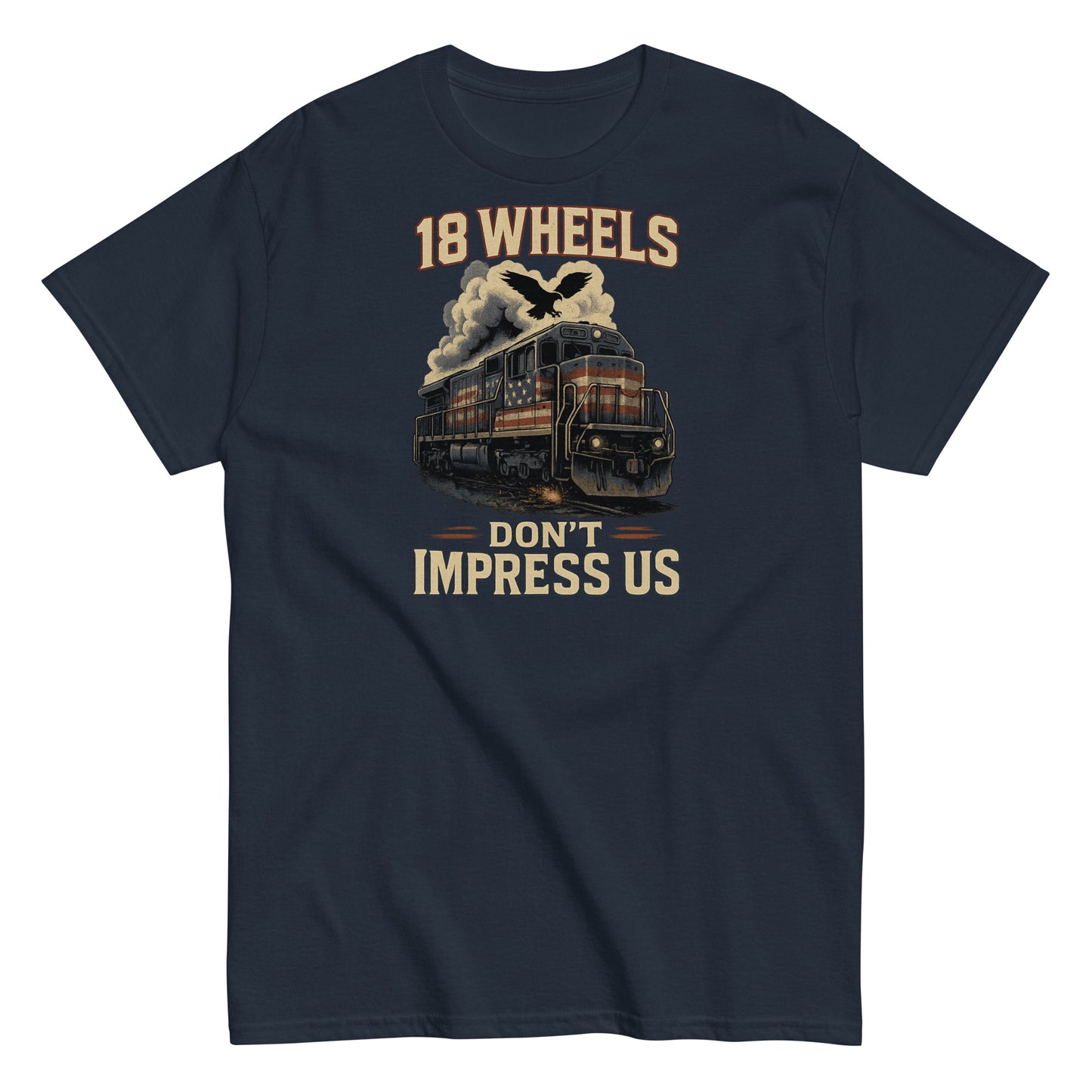 Navy blue t-shirt with a train graphic and text on a white background