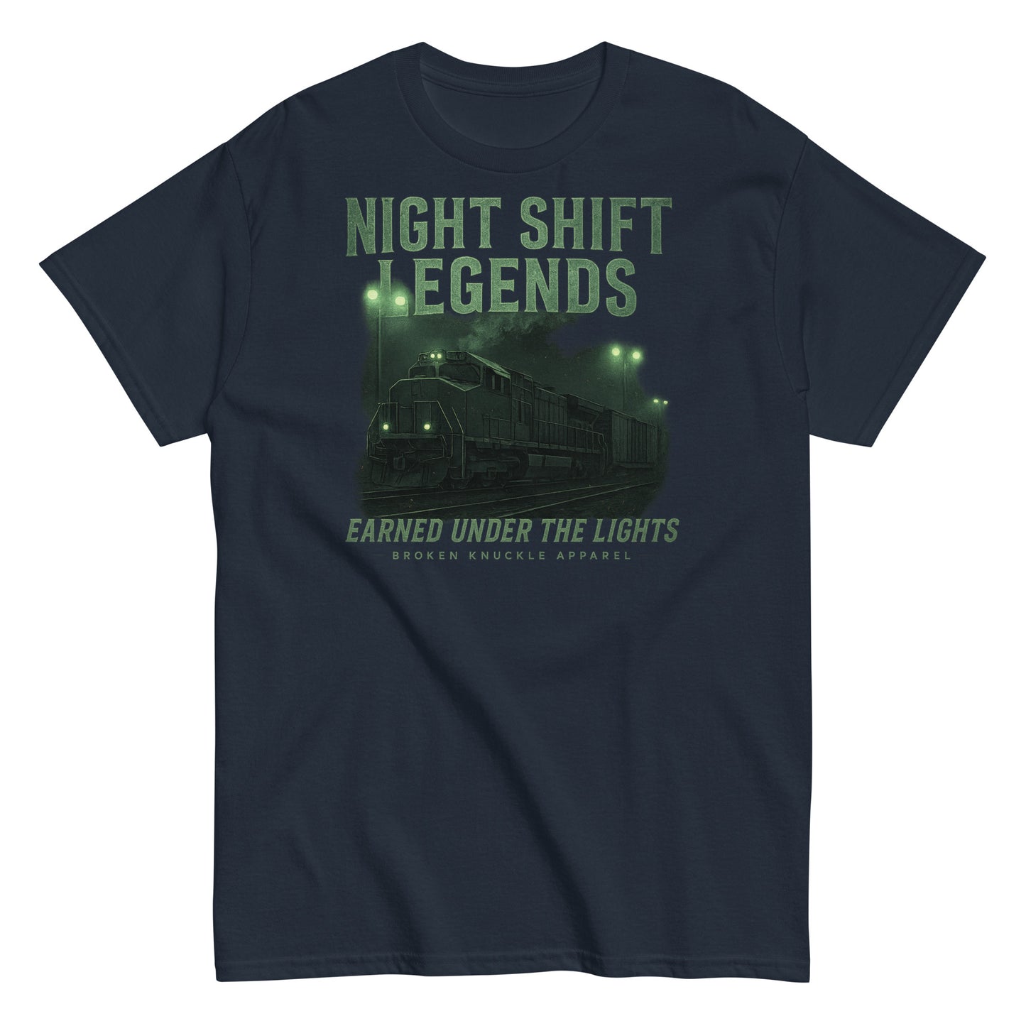 Navy blue t-shirt with 'Night Shift Legends' graphic and text on a white background