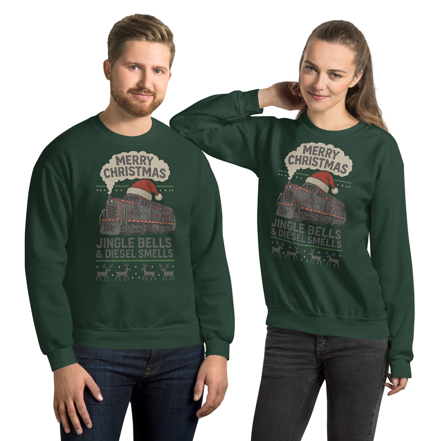Two people wearing green Christmas-themed sweatshirts with a festive design.