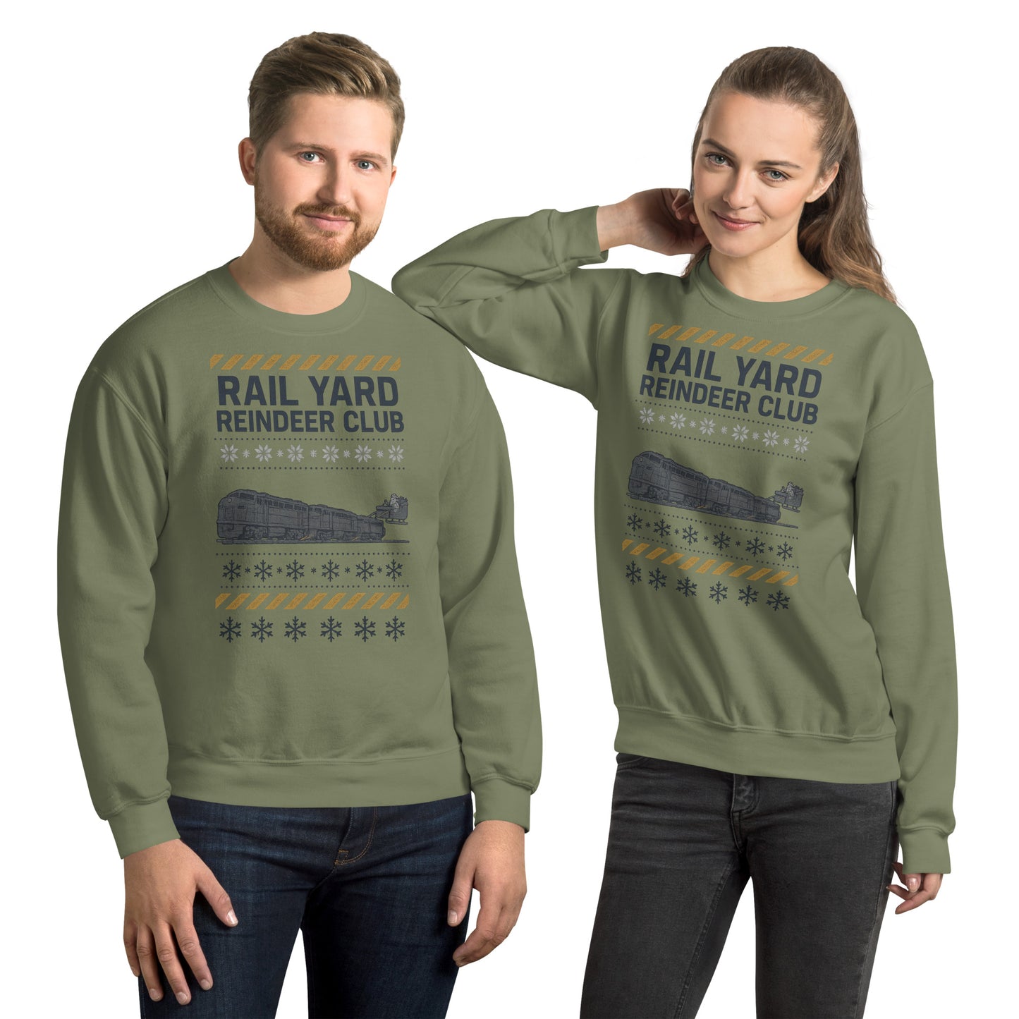 Two people wearing green 'Rail Yard Reindeer Club' sweatshirts on a white background