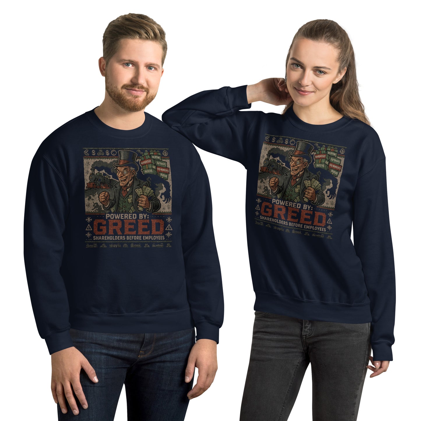 Powered by Greed Crew Neck Sweatshirt | Ugly Christmas Sweater