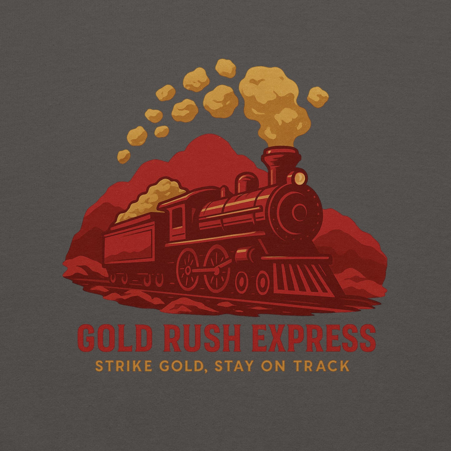 Vintage-style train graphic with gold dust and 'Gold Rush Express' text on a dark background