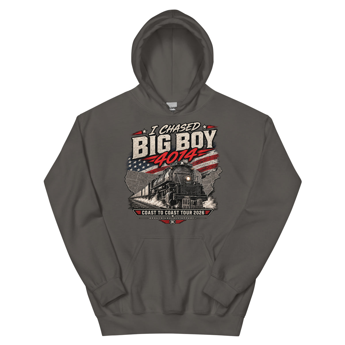Charcoal heavy blend pullover hoodie featuring a graphic of the Big Boy 4014 steam locomotive charging out of a USA map filled with the American flag. Distressed text reads "I CHASED BIG BOY 4014" at the top and "COAST TO COAST TOUR 2026" on a banner at the bottom above the Broken Knuckle Apparel logo.