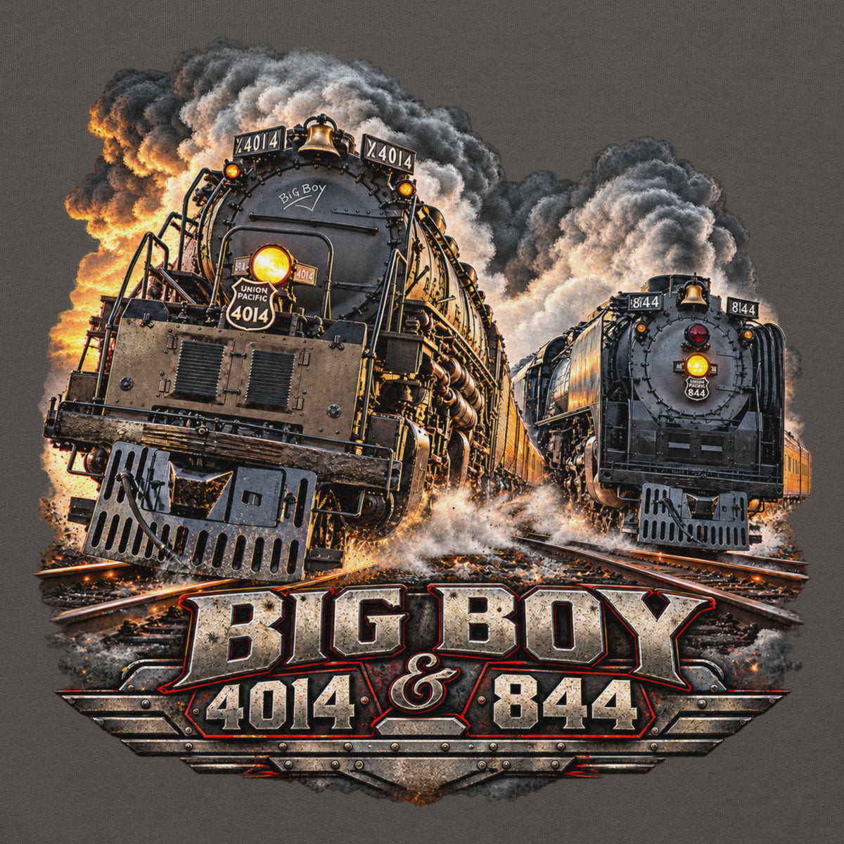 Charcoal heavy blend pullover hoodie featuring a highly detailed graphic of the Big Boy 4014 and 844 steam locomotives charging down the tracks side-by-side surrounded by smoke and steam. Bold, metallic-style text at the bottom reads "BIG BOY 4014 & 844" on a distressed vintage badge.