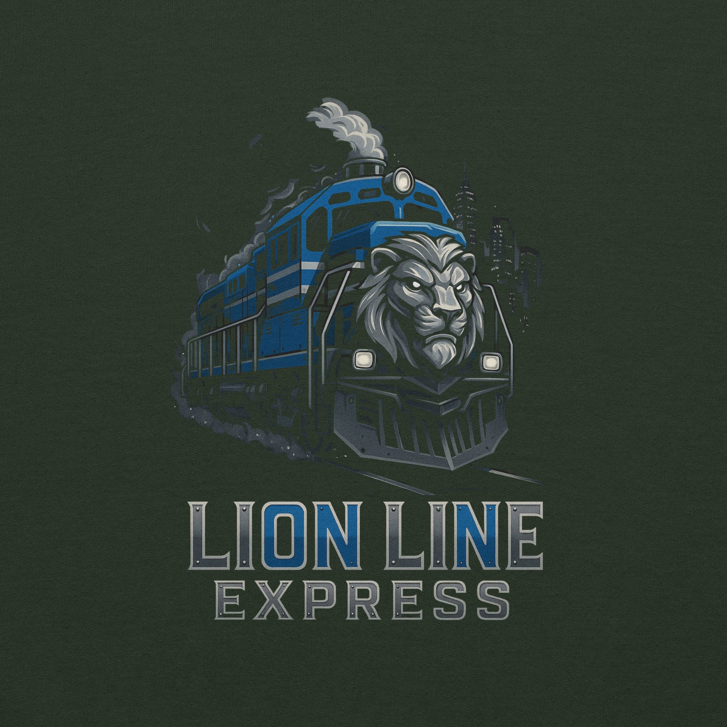 Train with lion head design on a dark background, featuring the text 'Lion Line Express'.