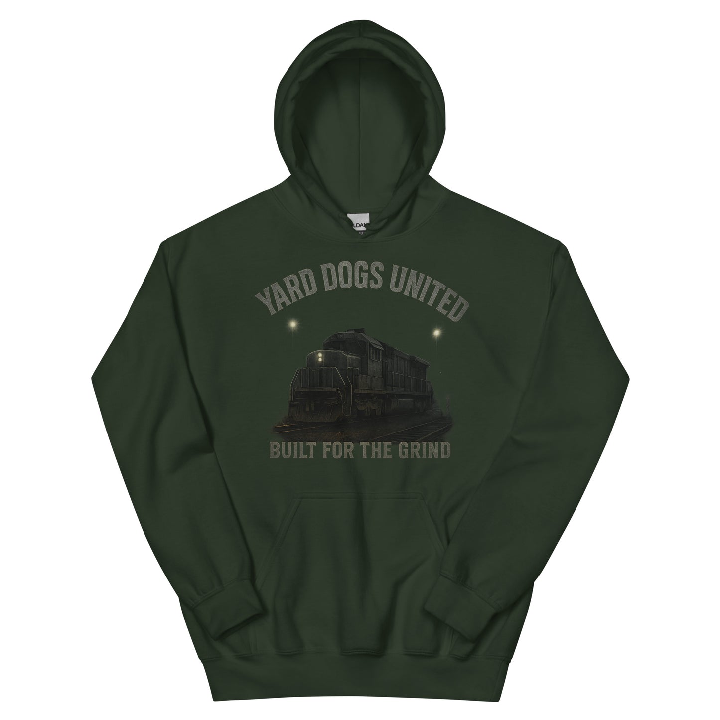 Green hoodie with 'Yard Dogs United' graphic on a white background