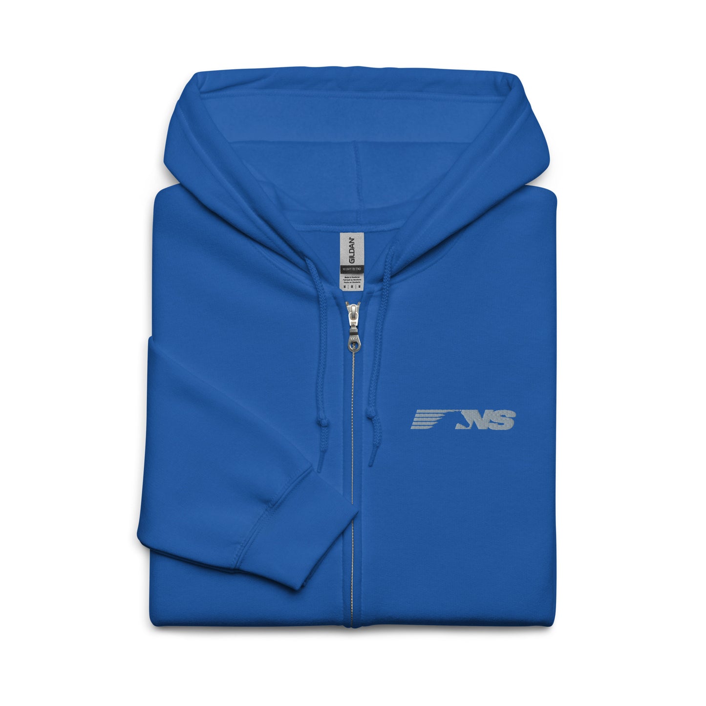 Blue hoodie with a logo on a white background