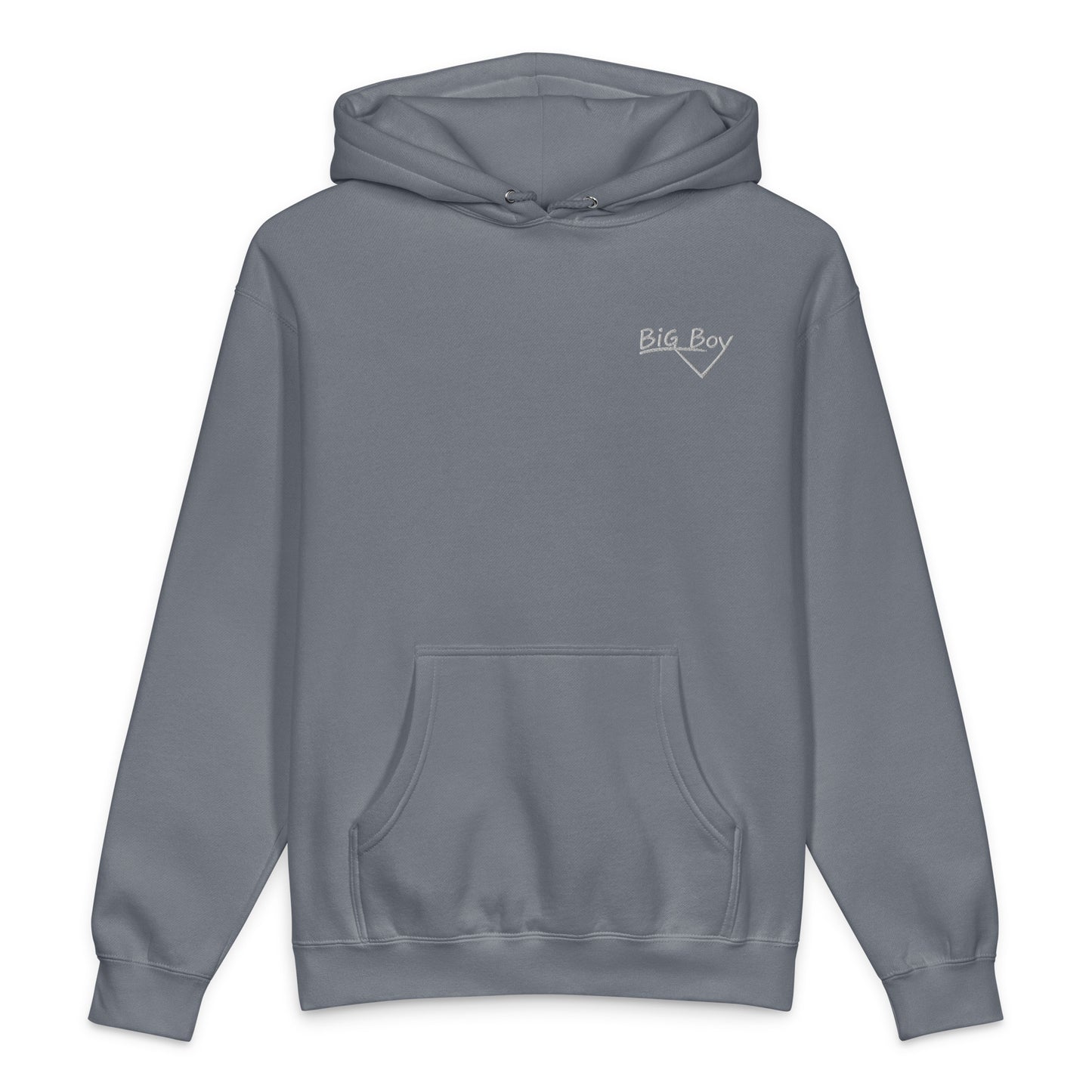 Steel blue heavyweight hoodie featuring the classic white chalk-style "Big Boy" script logo embroidered on the left chest.