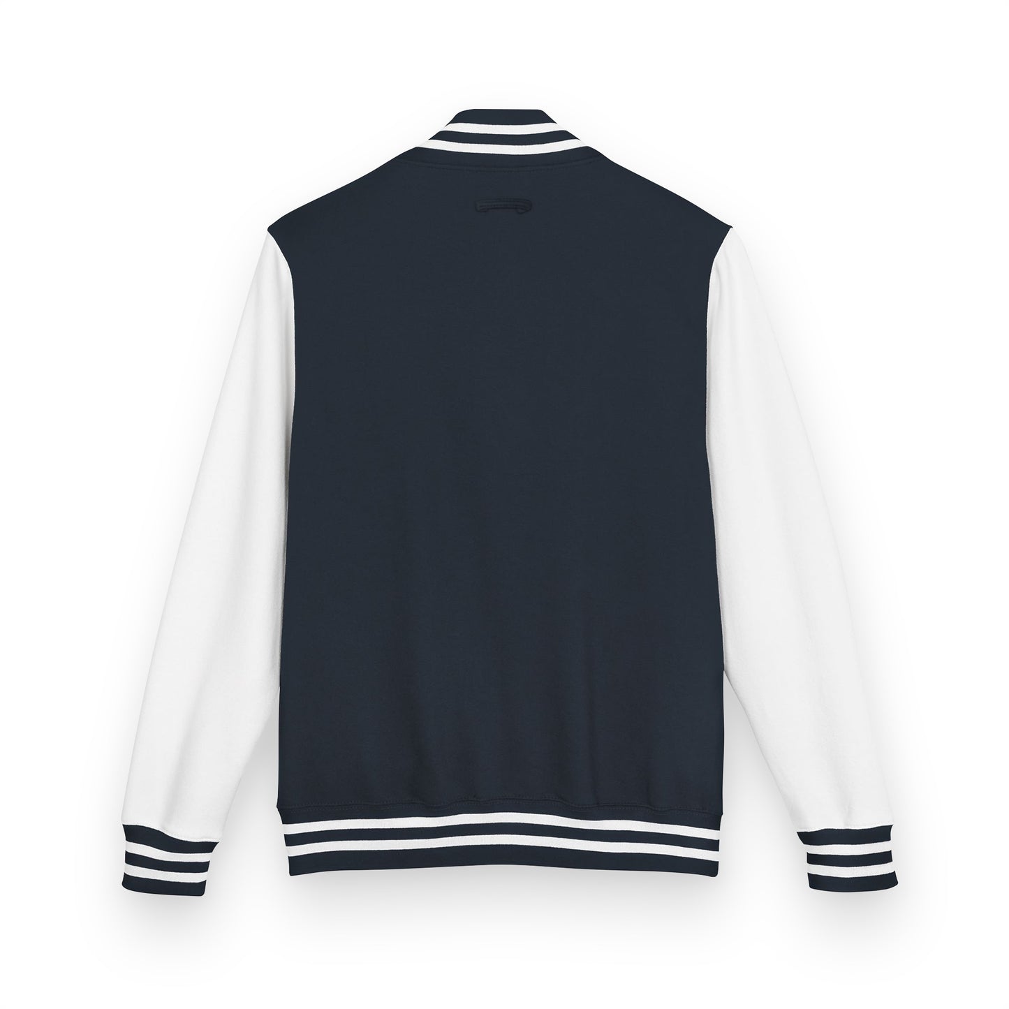 Navy and white varsity jacket on a white background